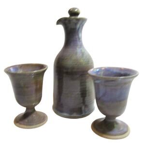 Studio Pottery Decanter Pitcher Two Wine Goblets & Stopper Purple Gray Glazed